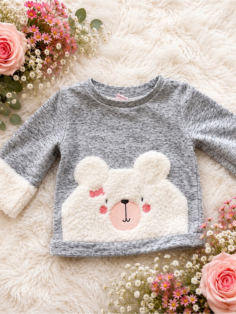 Little Lass Gray Sweatshirt with Cream Plush Bear Applique and Pink Face Accents